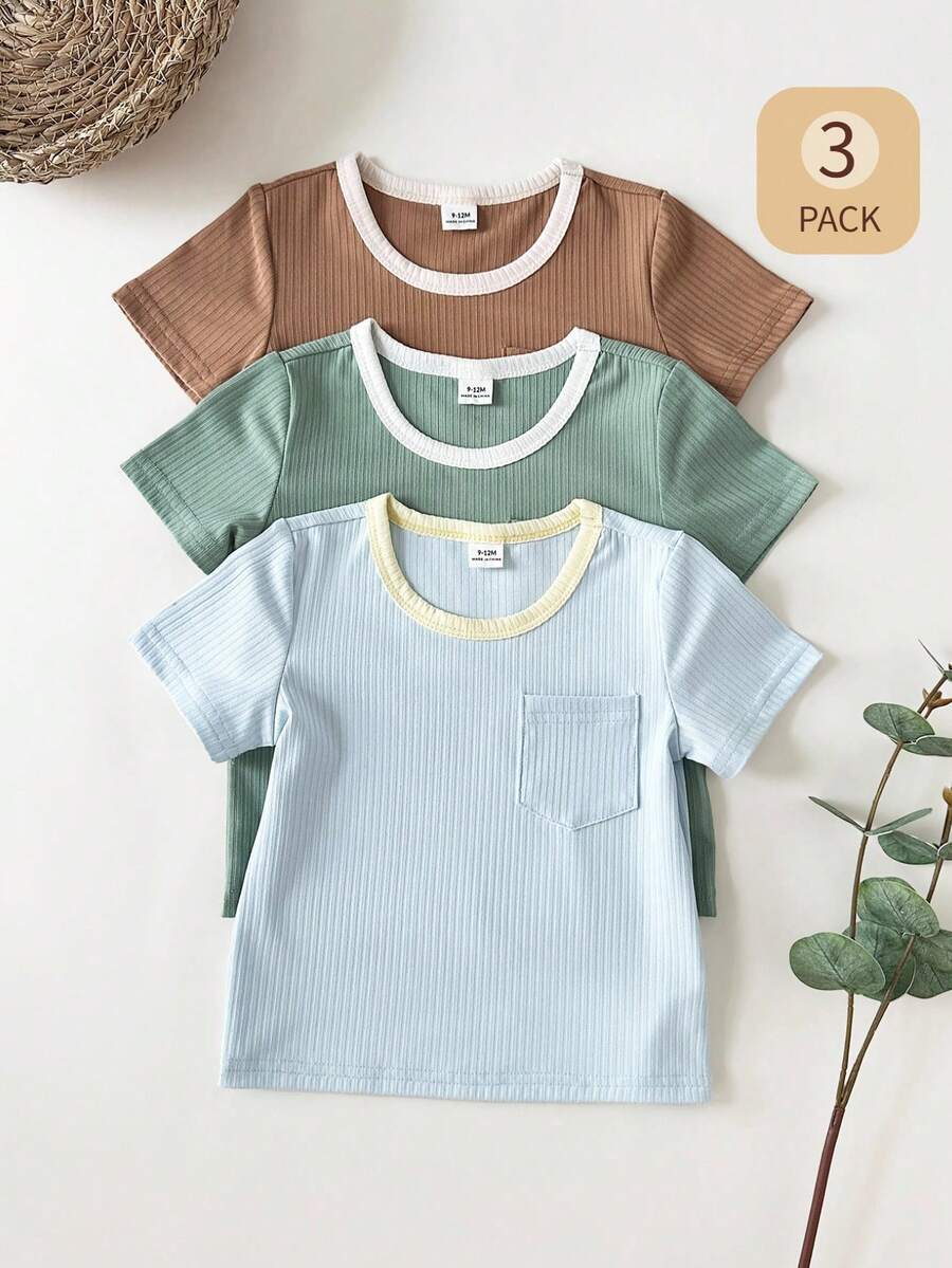 SHEIN 3pcs/Set Baby Boys' Casual Colorblock Pocket Short Sleeve Top, Versatile For Outings, Home, Daily Wear, Spring/Summer - Multicolor - View 1