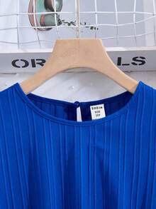 少女夏季休闲日常提花浅蓝色荷叶边腰蝴蝶结系带A字连衣裙 - 藍色 - 查看 3