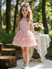 SHEIN Girls Casual 3-Layer Butterfly Net Mesh Cake Skirt, Suitable For Vacation & Leisure Outfit - Pink - View 3