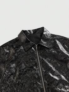 ROMWE MEN Street Life Spring/Summer Casual Graphic Men'S Fashion Pu Texture Zipper Short Sleeve Shirt - Black - View 10