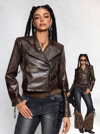 Women's Retro Vintage Hippie Rocker Music Festival Studded Decor PU Fabric Cropped Jacket