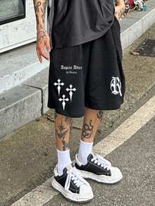 DAZY Men's Letter Print Elastic Waist Street Style Shorts, Summer - Black - View 4