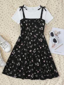 SHEIN Set Gaun Camisole dan Kaos Lengan Pendek Motif Bunga Kecil Kasual Musim Panas untuk Anak Perempuan Remaja - Hitam dan Putih - View 7