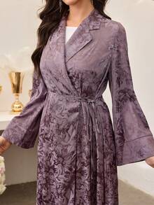 Al Najma Women's Purple Woven Jacquard Long Sleeve Tie-Front Elegant Abaya