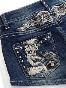 Betty Boop | ROMWE Quần short denim nữ phong cách Punk cổ điển Y2K, cạp siêu thấp, thêu hình súng lục. - Rửa tối - Xem 3