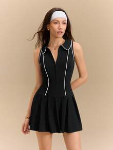 Hanevo Spring/Summer New Casual Elegant Sports Vacation Tennis Running Exercise Slim Fit Sleeveless A-Line Knit Mini Dress For Women - Black - View 3