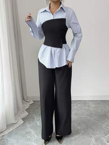 Siren Gaze Women's Blue Striped Long Sleeve Blouse With Black Corset Overlay & Wide Leg Pants Set,Blackness,Autumn,Elegant,Office 2 Pieces Patchwork Casual Suit - Multicolor - View 3