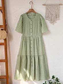 Rusticease Plus Size Women's Sage Green Plaid Dress,Summer 1920s Elegant Picnic Loose Fit Round Neck Short Sleeve Flowy Long Dress,Casual Vacation Outfits - Green - View 3