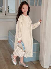 DAZY Tween Girls Lace Round Neck Long Sleeve Loose Dress - Beige - View 5