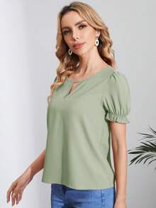 SHEIN Clasi 女士纯色镂空领口优雅短袖衬衫 - 薄荷綠 - 查看 5