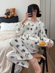 DAZY Conjunto de pijama feminino com estampa floral e mangas bufantes. - Branco - Ver 8