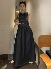 FRIFUL Women's Casual Long Denim Bib Overall Dress - Blue - View 5