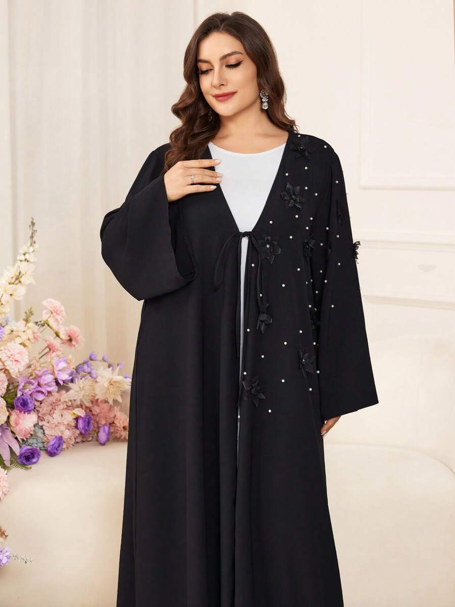 SHEIN Najma Plus Size Women Middle East Style Elegant Slimming 3D Floral Kaftan - Black - View 1