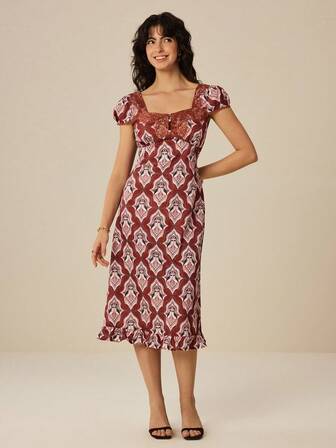 Felipe Marques 印花休闲优雅高贵性感波西米亚乡村风女式长款方领连衣裙，适合日常穿着、旅行、度假、约会、派对、圣诞节等场合。