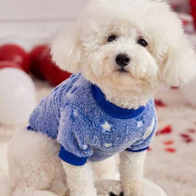 PETSIN 1件装宠物蓝色星星法兰绒印花夜光加厚绒毛保暖圆领狗狗卫衣，秋冬季
