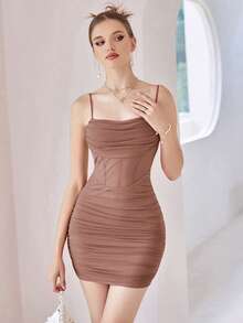 SHEIN MOD Solid Color Pleated Bodycon Strapless Dress - Dusty Pink - View 2
