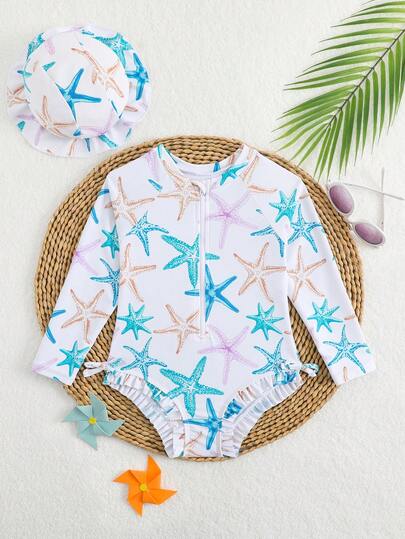 Baby Girls Beachwear Swimsuit Light Blue Green Pink Purple Contrasting Colorful Starfish Combination Full Printed Pattern Elastic Quick Drying Fabric Skin Friendly Breathable Long Sleeved One-Piece Zipper Open Hem Ruffle Edge Drawstring Decoration Swimsuit With The Same Pattern Sun Hat Fashionable Casual Exquisite Ladies Suitable For Swimming Suitable For Summer Vacation Beach Beach Swimming Pool Summer Party Leisure Vacation