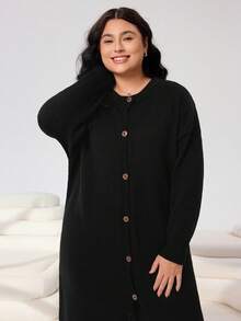 Solflare Plus Size Casual Solid Color Button-Front Cardigan And Pants Set, Autumn/Winter - Black - View 6
