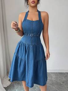 Elenzga Women's Halter Tie-Up Backless Denim Dress, Fashionable For Dates And Parties - Blue - View 6