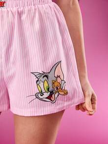TOM & JERRY X SHEIN 女士卡通图案可爱粉色条纹宽松短裤，休闲日常款，情人节、春夏皆宜 - 淺粉色 - 查看 4