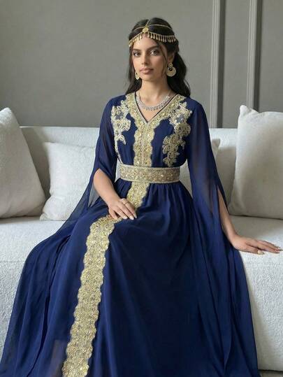 SHEIN Teen Girls' Embroidered Ribbon, Tassel, Spring/Summer, Vacation, Gold Lace Trim, Loose V-Neck Color Block Robe, Middle Eastern Arabic Style Long Dress, National Day Long Dress Girls Navy Blue Abaya Teenager Dress Abaya Arabic Dress For Girls Long Modest Dresses For Girls And Ladies Teen Modest Dress, Teen Girl Green Woven Patchwork Printed Gold Ribbon Casual Dress Abayas For Girls Abaya Dress For Girls Light Green Modest Dress Long Modest Dresses For Girls And Ladies Teen Modest Dress,Blue Haze