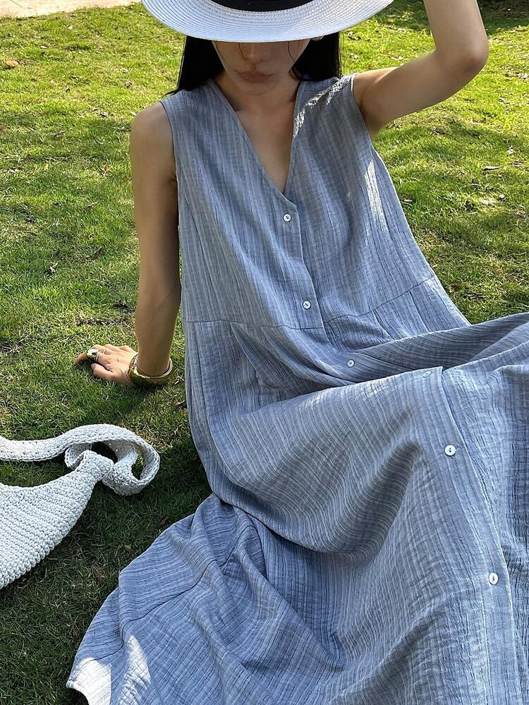 Women's Striped Print V-Neck Front Button Sleeveless Dress Summer Sun Dresses For Women