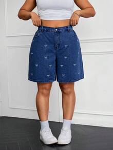 SHEIN ICON 大码休闲水洗牛仔短裤，带蝴蝶结设计 - 深色水洗藍 - 查看 1