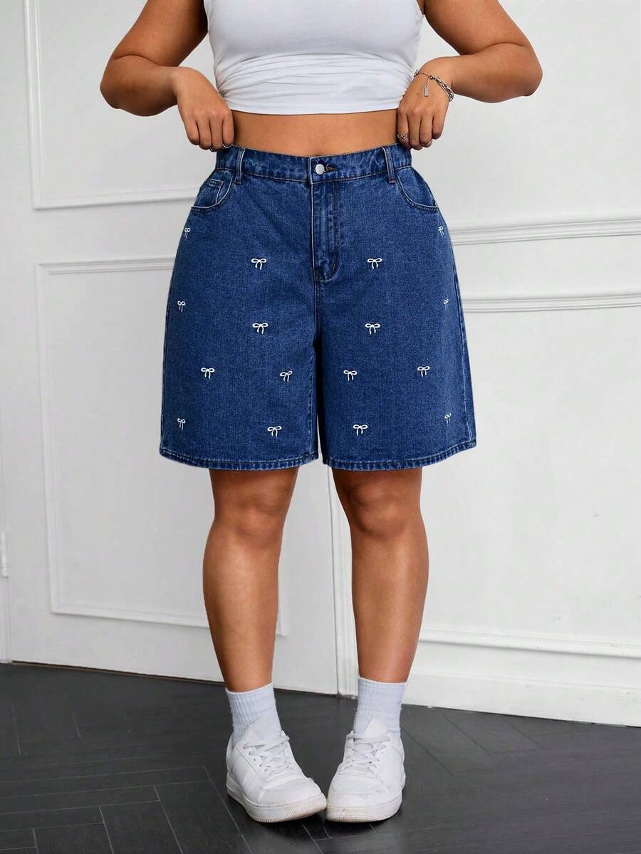 SHEIN ICON 大码休闲水洗牛仔短裤,带蝴蝶结设计 - 深色水洗藍 - 查看 1