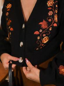 Gretanique Women's Cottagecore Boho Style Embroidered Cardigan - Black - View 3