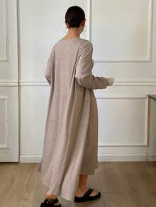 DAZY Women's Soft Knit Robe & Slip Dress Loungewear Set, Minimalist - Khaki - View 2