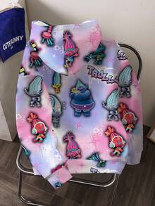 SHEIN Trolls Women's Casual Everyday Commute Funny Cute Cartoon Letter Graphic Dropped Shoulder Loose Hoodie - White - View 2