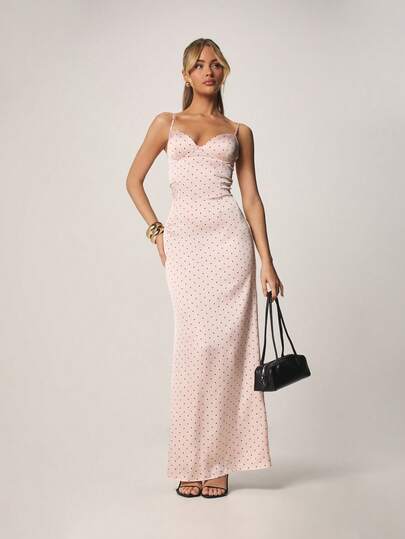 MISSGUIDED Satin Polka Dot Maxi Dress With Sweetheart Neckline Thin Straps Formal Evening Party Wedding Guest Outfit