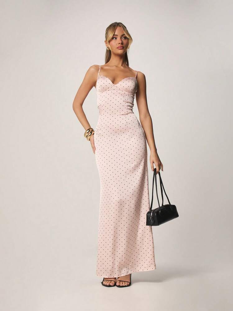 MISSGUIDED Satin Polka Dot Maxi Dress With Sweetheart Neckline Thin Straps Formal Evening Party Wedding Guest Outfit