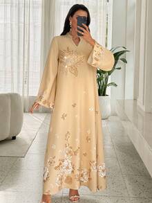 Al Najma 女士优雅花卉印花串珠装饰阿拉伯风格连衣裙 - 黃色 - 查看 4