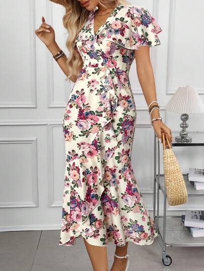 Miaspire Women's V-Neck Ruffle Sleeve Floral Print Casual Dress