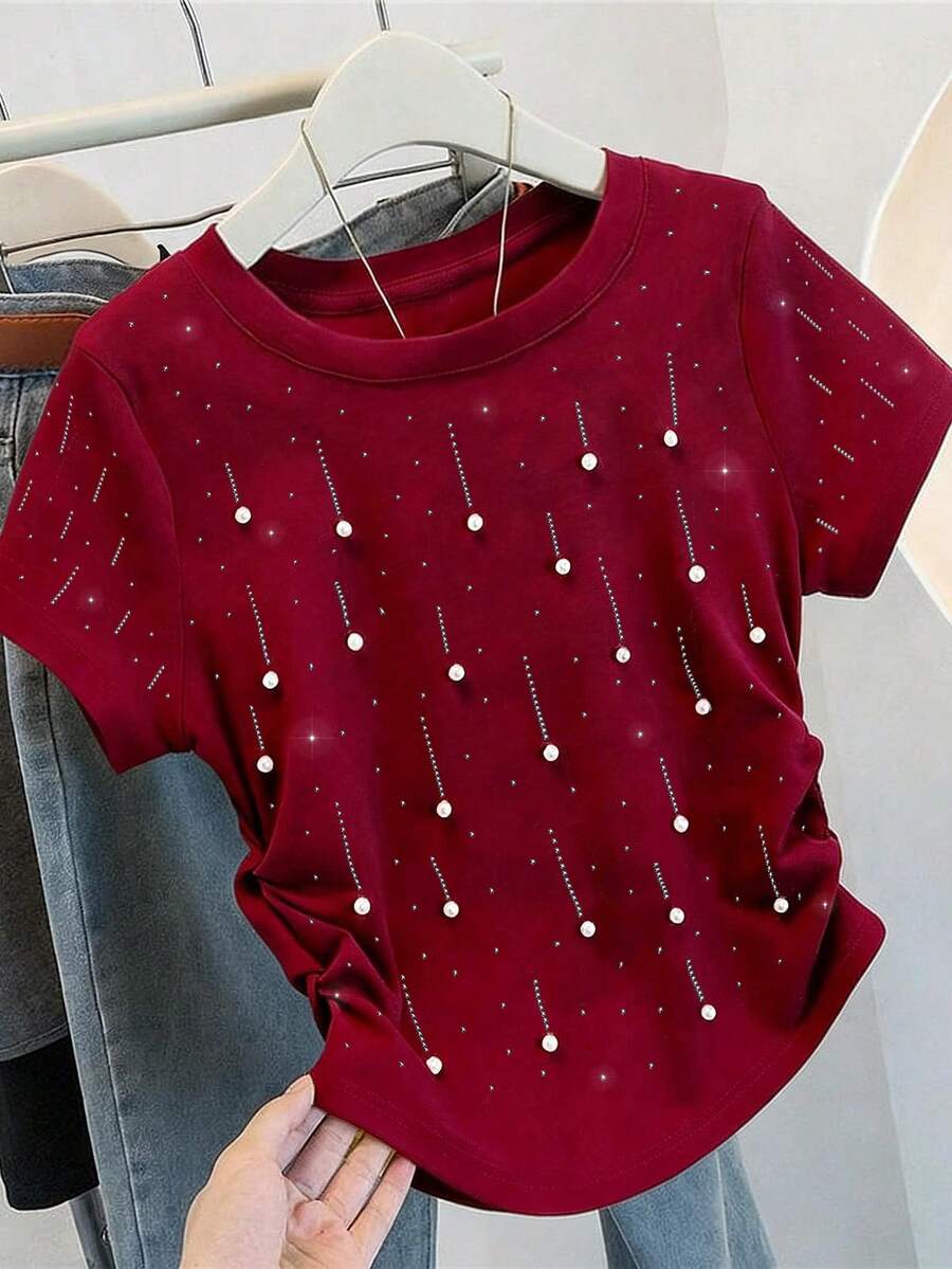 Resyla Shiny Sequin Drawstring Waist Casual T-Shirt, A Fashionable Gift For Friends