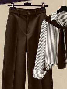 Franclia 女士条纹披肩领衬衫和高腰阔腿裤两件套，春秋季 - 咖啡棕 - 查看 3