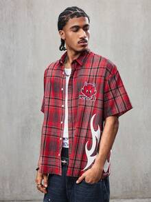 HOT STUFF X SHEIN Men's Casual Plaid Cartoon Embroidered Short Sleeve Shirt, Summer - Burgundy - View 3