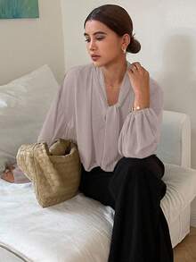 DAZY 1pc Women's Loose Fit Long Sleeve Tie Front Solid Color Shirt Vacation - Pink - View 4