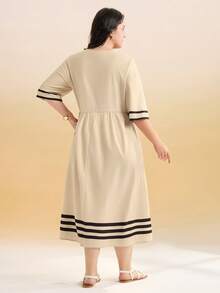 Momelise Đầm rộng cổ chữ V cỡ lớn dành cho nữ, kiểu dáng thoải mái, thích hợp cho kỳ nghỉ và du lịch. - Màu Khaki - Xem 2