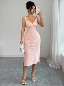 Elenzga New Elastic Knit Textured Spaghetti Strap Side Slit Design Dress, Youthful & Elegant For Party, Vacation, Everyday Wear - Pink - View 6