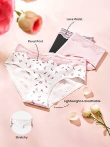 LUVLETTE 情人节三条装柔软纯棉基础款碎花蕾丝边中腰内裤 - 彩色 - 查看 3