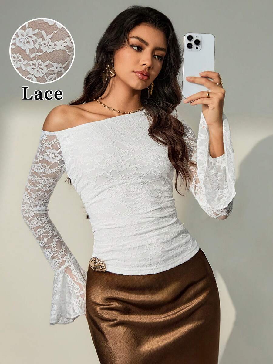 Bluhae Elegant Fashionable Sexy Elegant Women's Fitted Asymmetric Ruched 3D Floral Decor Button Oblique Shoulder Autumn/Winter Ruched Hollow Lace Long Sleeve T-Shirt, Lace Randomly Cut