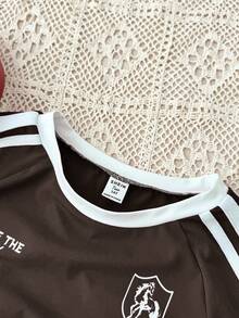 TEENGIRL Navy Blue Fitted Round Neck Contrast Trim T-Shirt For Street Dance, Racing Badge & Letter Graphic Tee - Brown - View 3