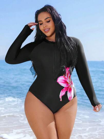 Swim SPRTY Costume da bagno intero da donna taglie forti, con stampa, maniche lunghe e zip frontale