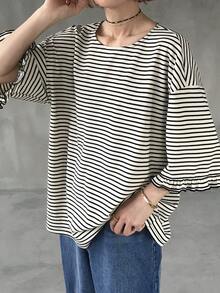 FRIFUL 女士休闲条纹宽松T恤，春夏百搭 - 黑與白 - 查看 2