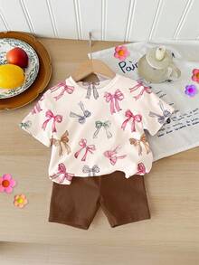 可爱芭蕾舞风格蝴蝶结装饰，女婴休闲简约圆领短袖T恤和紧身短裤套装，适合春夏穿着 - 彩色 - 查看 1