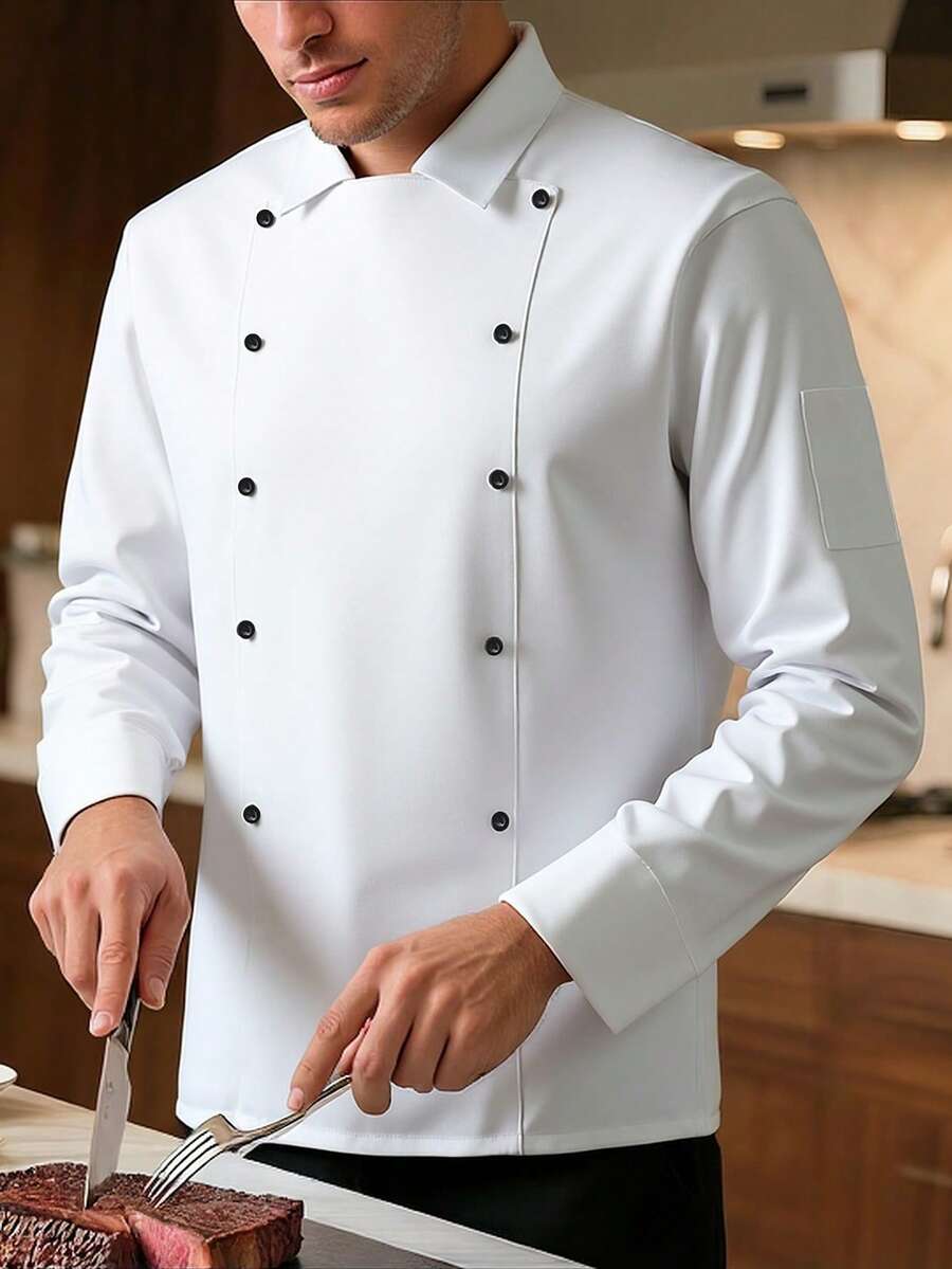 Manfinity Homme 男士双排扣纯色长袖厨师衬衫 - 白色 - 查看 1