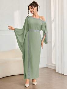 Al Najma Đầm nữ thanh lịch phối ren và ruy băng kiểu Ả Rập, thích hợp cho mùa thu. - màu xanh lá - View 3