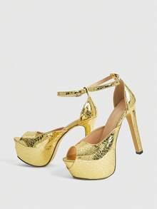 CUCCOO LuxiPop Women's Thick Sole Fashionable Buckle Design High Heel Sandals, Suitable For Party Occasions Valentine's Day - Gold - View 3